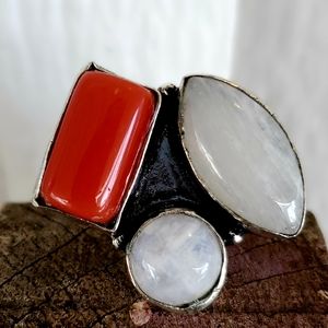 New Rainbow Moonstone & Red Coral 925 Silver Ring.